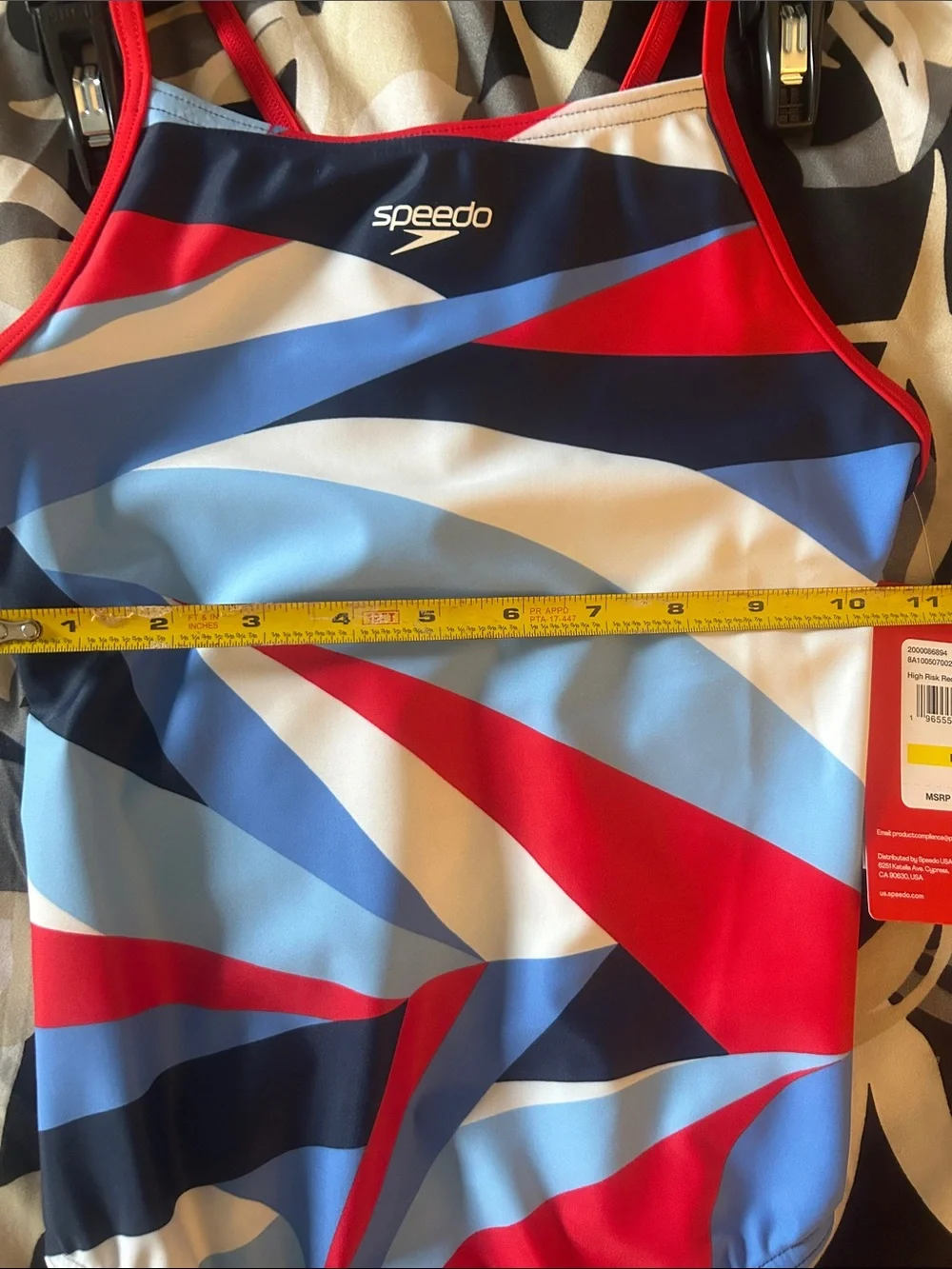 Speedo Girls Red, Light Blue, Navy & White Geometric One-Piece Swim Suit